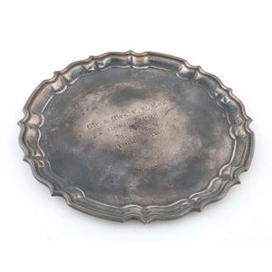 An English sterling silver salver with inscription, mid 20th…