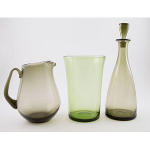 Whitefriars decanter, jug and bucket vase flintand sage green…