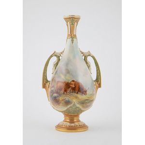 Royal Worcester handled specimen vase, the tapering ovoid body…