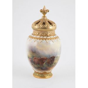 Royal Worcester vase and cover, ovoid body hand painted with…