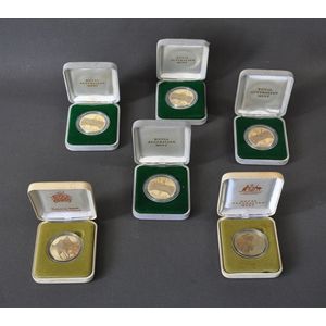 Six boxed RAM etc $5 proof coins. 4 Parliament house 1988; and…