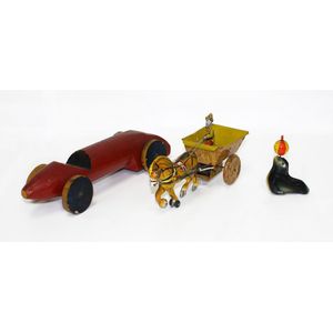 British tinplate horse and cart, Lehmann 910 Seal & wooden racer