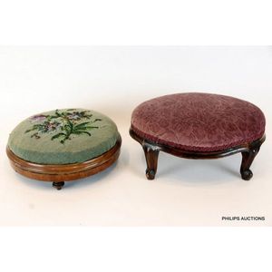 Antique French Victorian Green Floral Needlepoint Oval Mahogany Small  Footstool