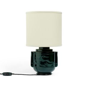 Table lamp, green glass with etched Art Deco motif. Brass with…