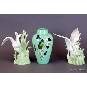 A pair of Fitz & Floyd heron candlesticks and a Victorian milk…