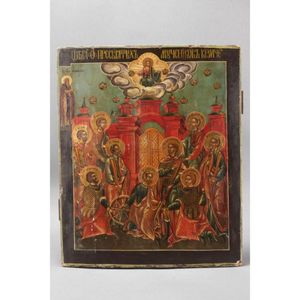 Large and rare 19th century Russian icon, of curved rectangular…