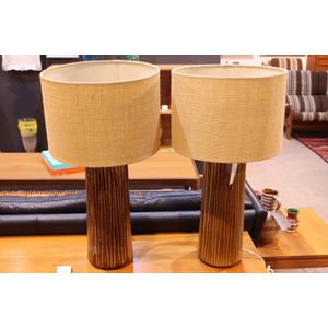 Pair of bedside lamps c1970, earthen glazed ceramic bases, Reed…