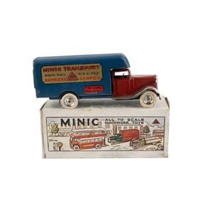 Tri-ang Minic clockwork Pre-War transport van. Maroon with blue…