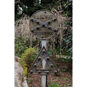 Railway level crossing warning signs. Cast iron circular…