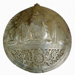 Mother of pearl shell panel with carvings depicting nativity…