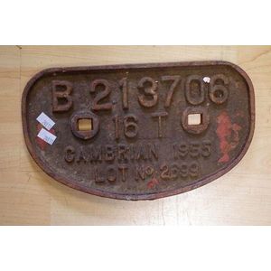 Cambrian 16 ton 1956 railway wagon plate B213706, 27.5 cm wide