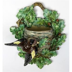 Hugo Lonitz Majolica bird with oak leaf wall pocket vase&hellip;