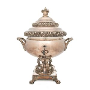 A Victorian silver plated samovar, with central armorial crest,…