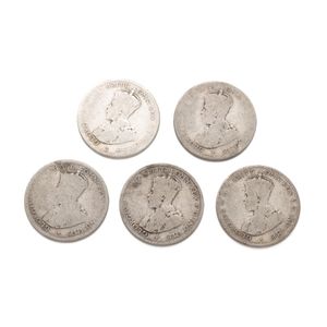 Five Australian silver George V florins, 1912, 1915, 3 X 1916,…