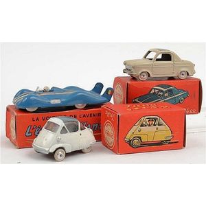 Three Quiralu diecast cars, including Renault Turbine; Vespa…