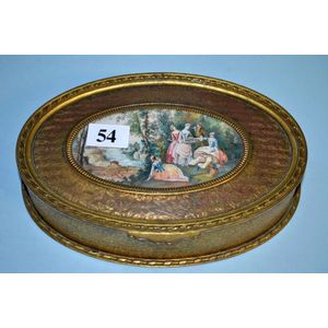 French gilt metal jewel box, hand painted on ivory panel