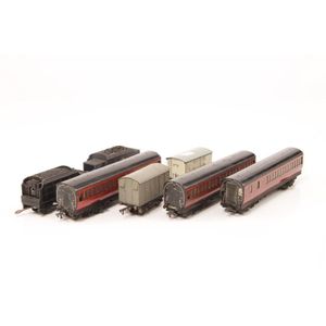 Three H0/00 Gauge Hornby Coaches together with a meat van, BR…