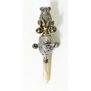 A Victorian silver baby's rattle, with mother-of-pearl handle,…