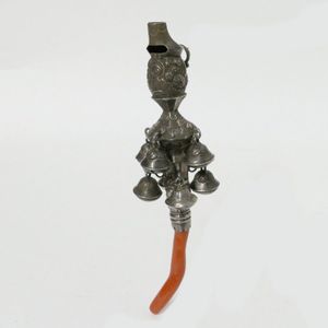 An impressive Victorian silver and coral rattle/teething ring,…