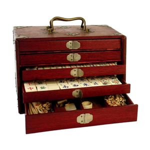 Lot - Antique c. 1920 Chinese Bovine Bone & Bamboo Dovetailed Mahjong Set  w/ Wooden 5 Drawer Case