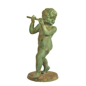 A green painted cast iron figure of cupid playing the flute 72…