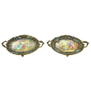 A pair of champleve enamel porcelain and bronze mounted dishes,…