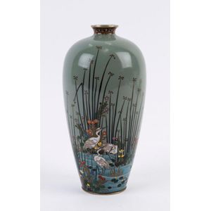 A Japanese cloisonne vase with cranes and reeds on grey ground,…