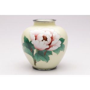 An early cloisonne enamel baluster vase with peony on yellow…