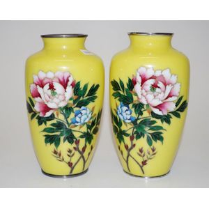 Pair Japanese cloisonne vases blossom decorated on yellow…