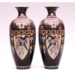Pair of early bird and dragon themed cloisonne vases, height 31…