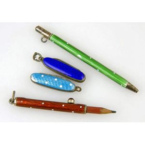 Two enamelled miniature pocket knives together with two…