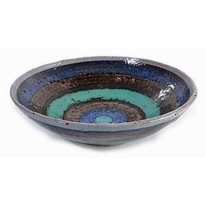 Allan Lowe earthenware stripped bowl in blue, brown and…