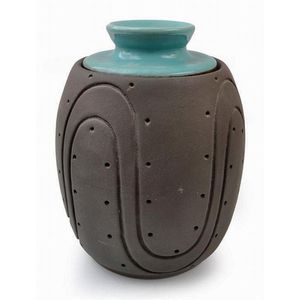 Unglazed Allan Lowe pottery jar with internal blue glazed and…