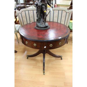 Rare antique Regency 1830s red tooled leather topped drum table…