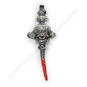 A Victorian silver and coral baby rattle, traditional form with…