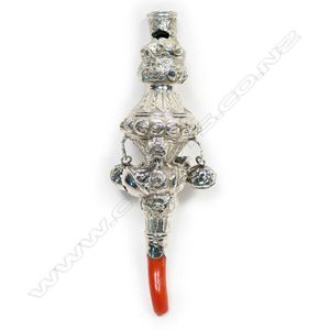 A Victorian silver and coral baby rattle, traditional form with…