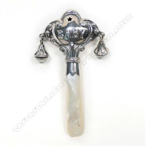 An early 1900s silver and mother of pearl baby rattle, the…
