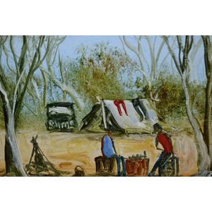 Pro Hart 'The Camp Site 1997' oil on board, signed lower right,…