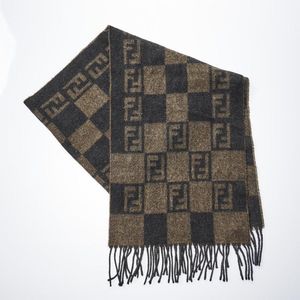 Fendi Checkerboard Wool Scarf with Logo and Fringe - Shawls, Scarfs ...