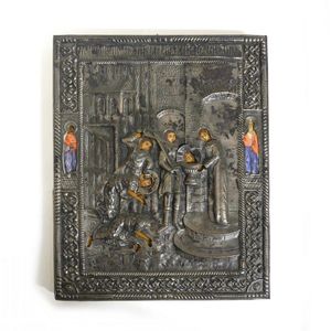 A Russian orthodox religious icon, with painted figures under a…