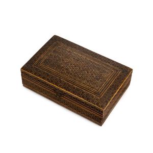 An inlaid Persian cigarette box with red satin interior; a gift…