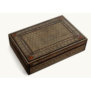 An inlaid Persian cigar box, the interior of the lid also…