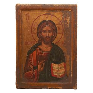 A Russian icon of Christ Pantocrator, 19th century, depicting…