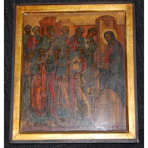 A Russian icon, Christ with the Disciples, signed lower right,…