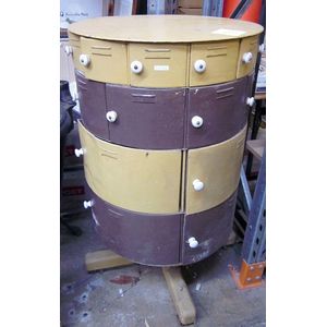 Unusual drum shaped revolving metal cabinet, with 4 rows of&hellip;