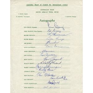 1957-58 Australian Team to South Africa, official team sheet…