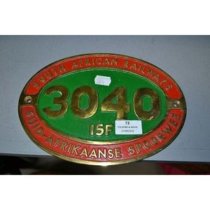 Replica brass engine plate, SAR 3040 15F, Suid Afrikaanse…