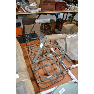 Two old French strap metal bottle baskets (2)