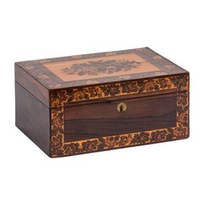 A Tumbridgeware workbox, English, 19th century, 12 cm high, 25…