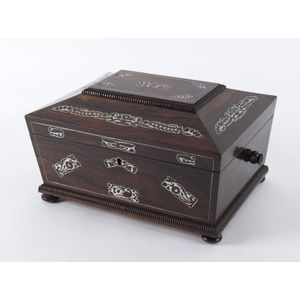 An English ladies workbox, rosewood with mother of pearl inlay,…